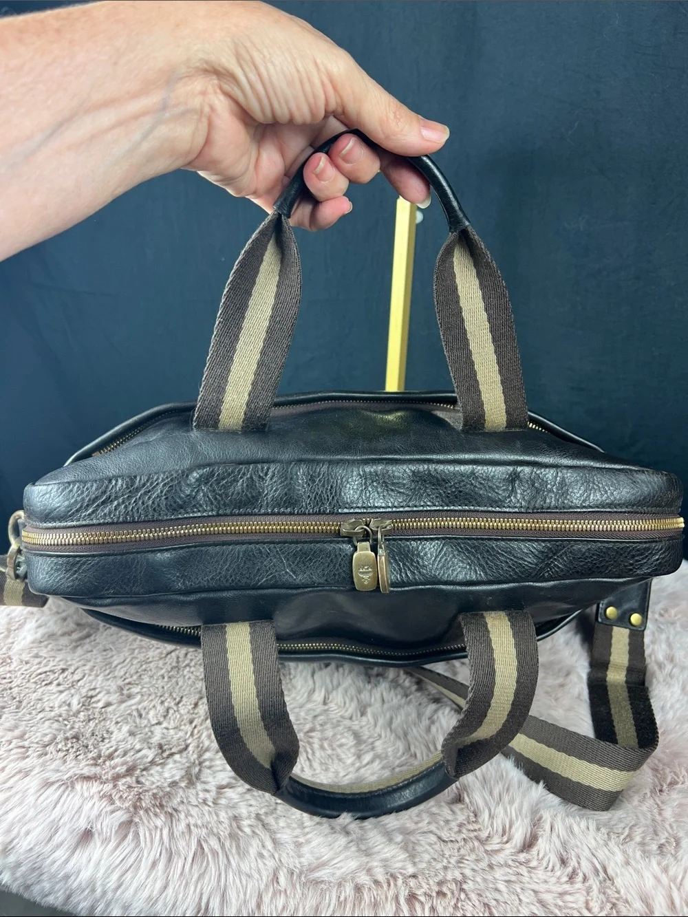 MCM München Vintage Black Leather Briefcase Laptop Messenger Shoulder Bag EUC